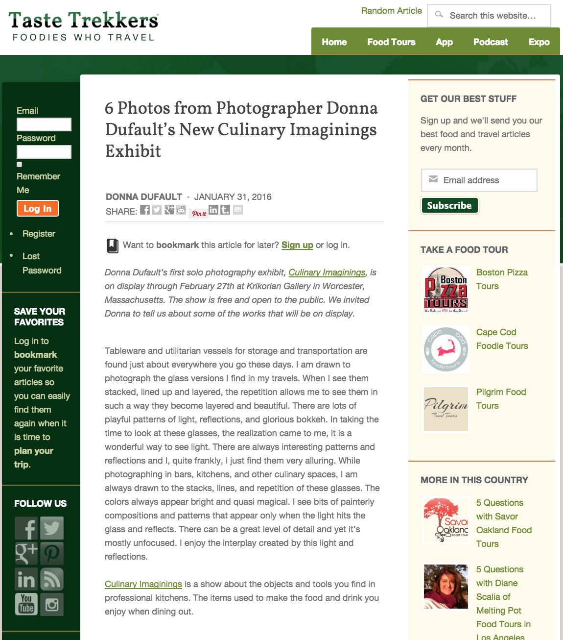 Tastetrekkers article posting about Donna Dufault Show