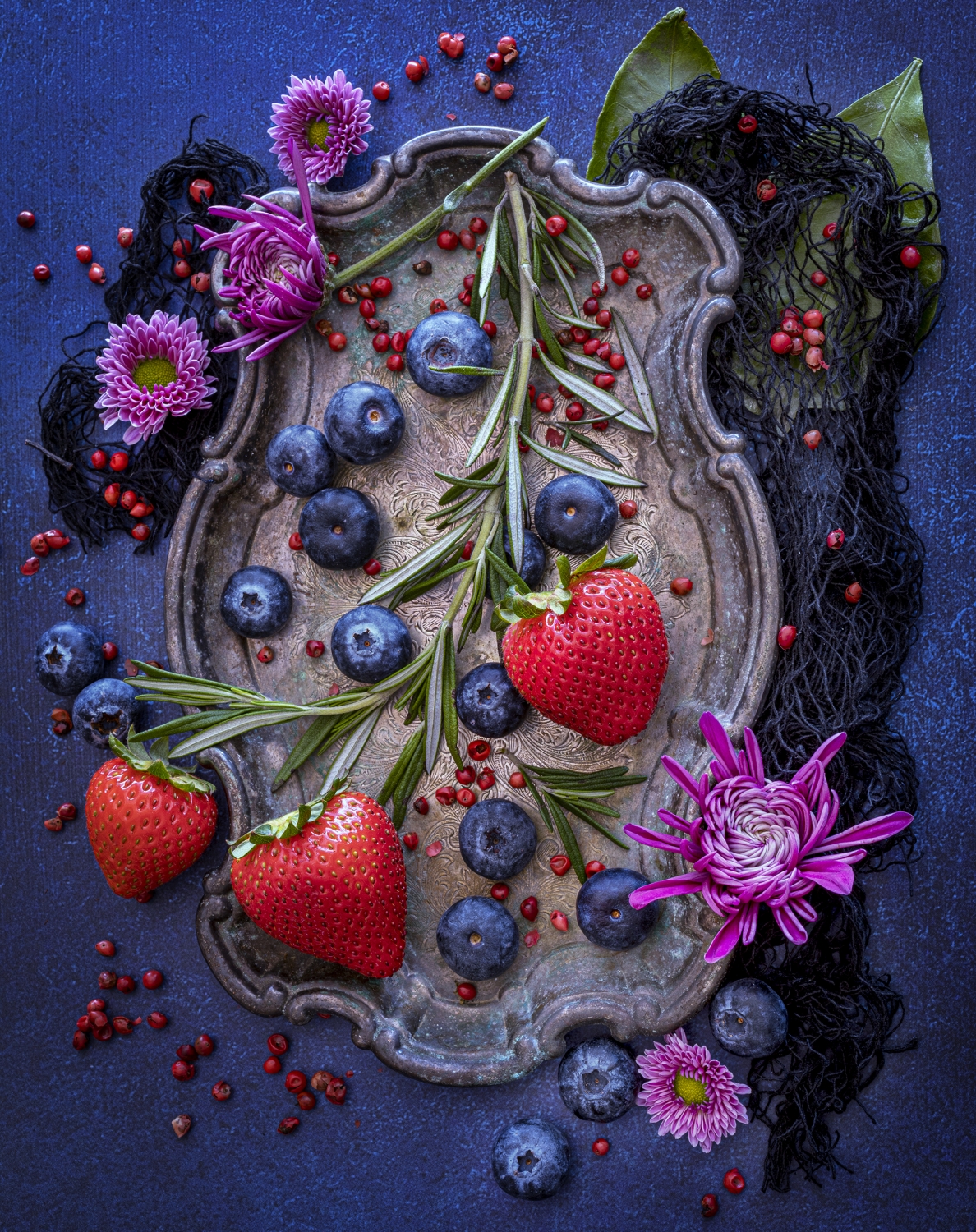 Strawberries and Blueberries on Silver Platter
