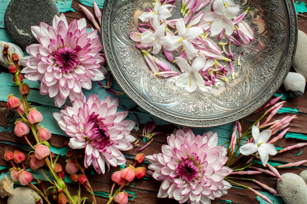 Silver Platter with Flowers and Teal peeling paint