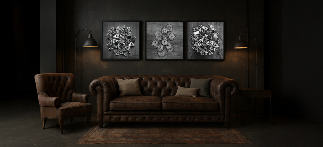 Three Frames Photographs of Tools over Leather Couch